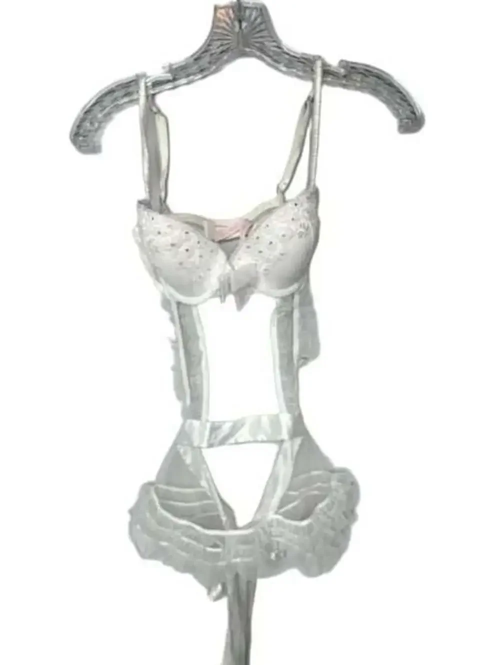 Victoria's Secret White Rhinestone Embroidered Mesh Corset Teddy. Size 34C.